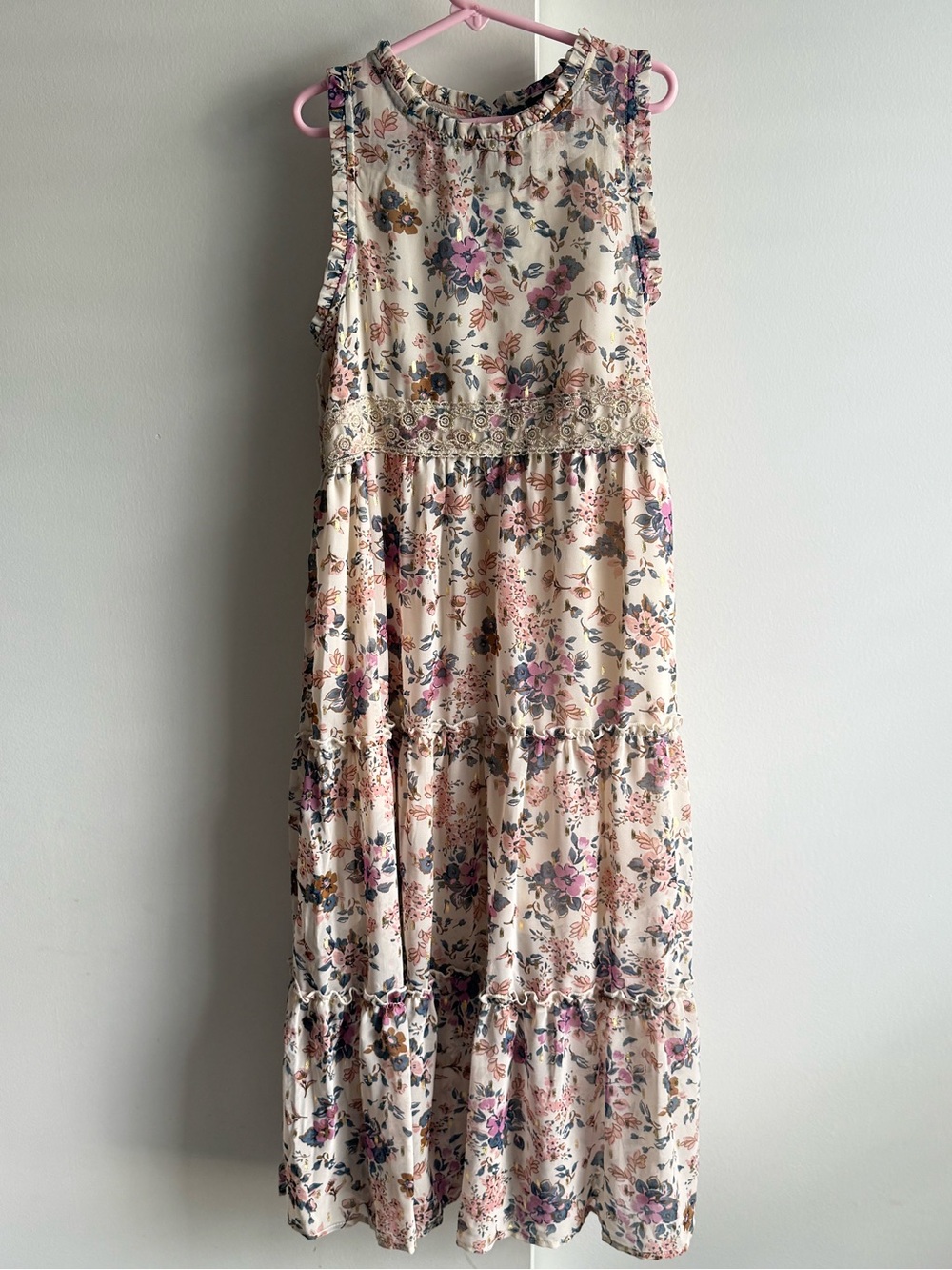Zunie Cream Floral Tiered Maxi Dress with Pink and Blue Flowers